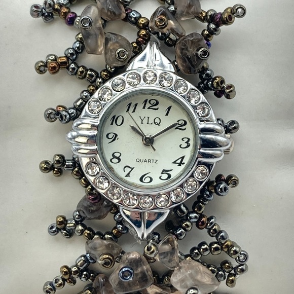Accessories - Artisan Womens Watch Beaded Gemstone Silver Tone Crystals New Battery 7.25"